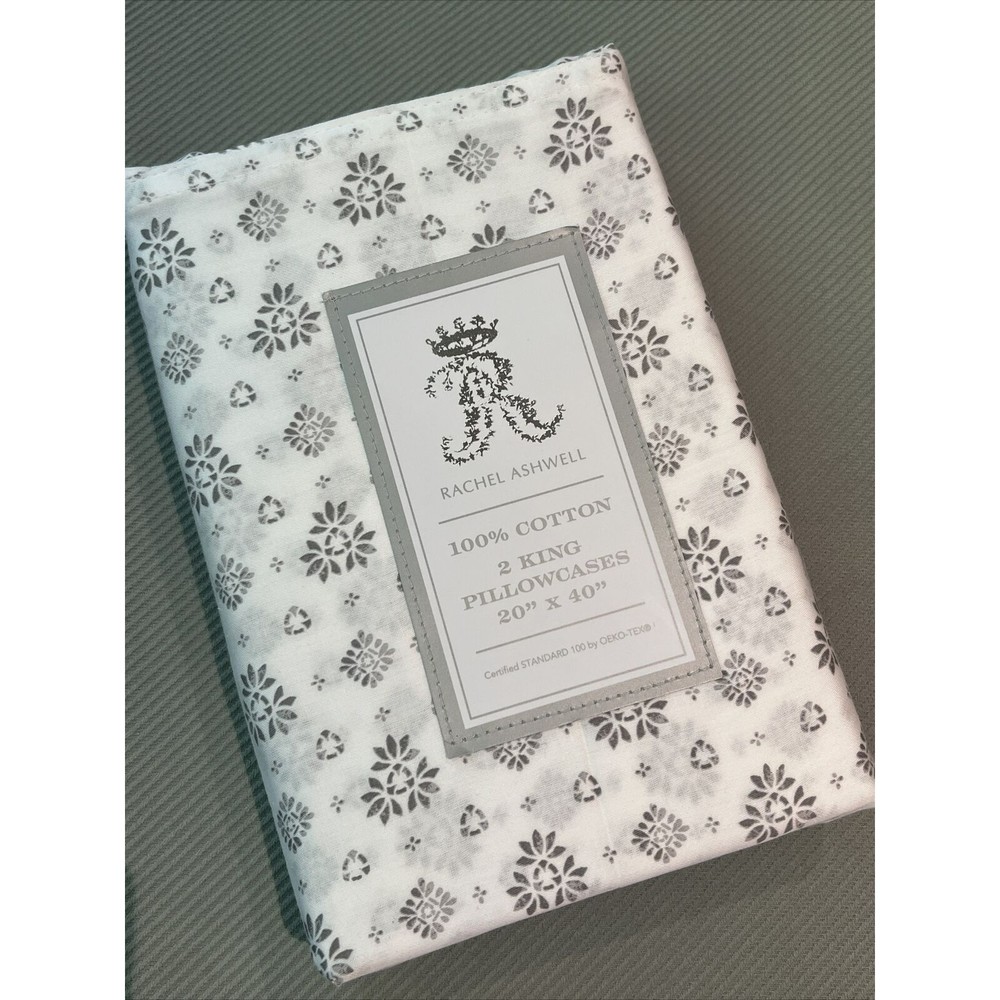 Rachel Ashwell 2 KING Pillowcases White /Gray Medallion Flowers 100% Cotton New